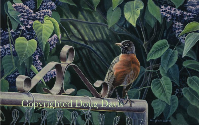 Two birds perched among dense green leaves